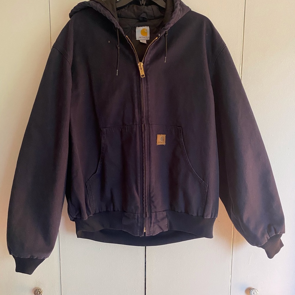 Carhartt work navy heavy-duty work coat with hood